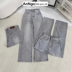 Quần jean ống suông nữ xám nhạt cá tính, chất jean denim không giãn dày dặn Anngo - AT559