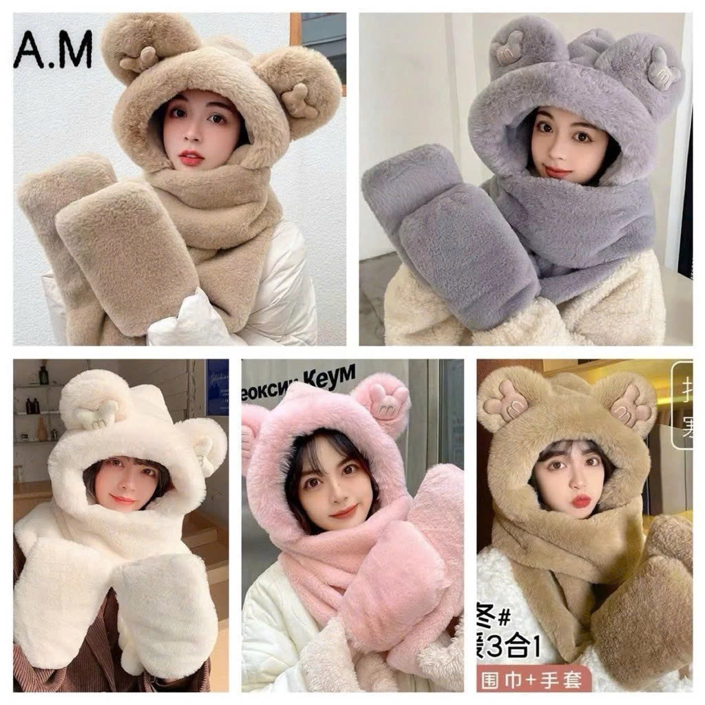 Mũ Lông Tai Gấu Nổi 3in1 Chất Lông Mềm Mịn, Thời Trang Ấm Áp