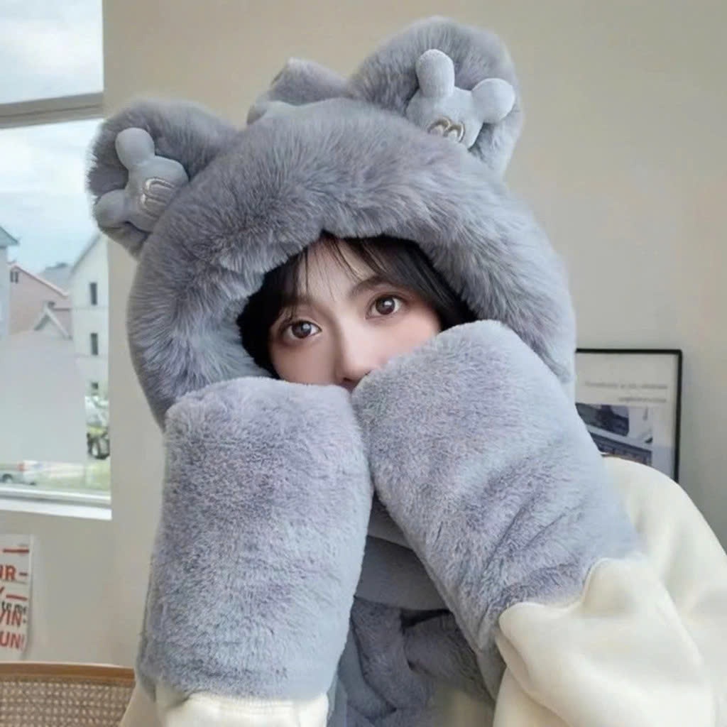 Mũ Lông Tai Gấu Nổi 3in1 Chất Lông Mềm Mịn, Thời Trang Ấm Áp