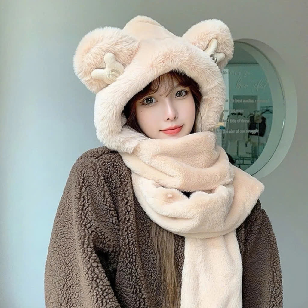 Mũ Lông Tai Gấu Nổi 3in1 Chất Lông Mềm Mịn, Thời Trang Ấm Áp