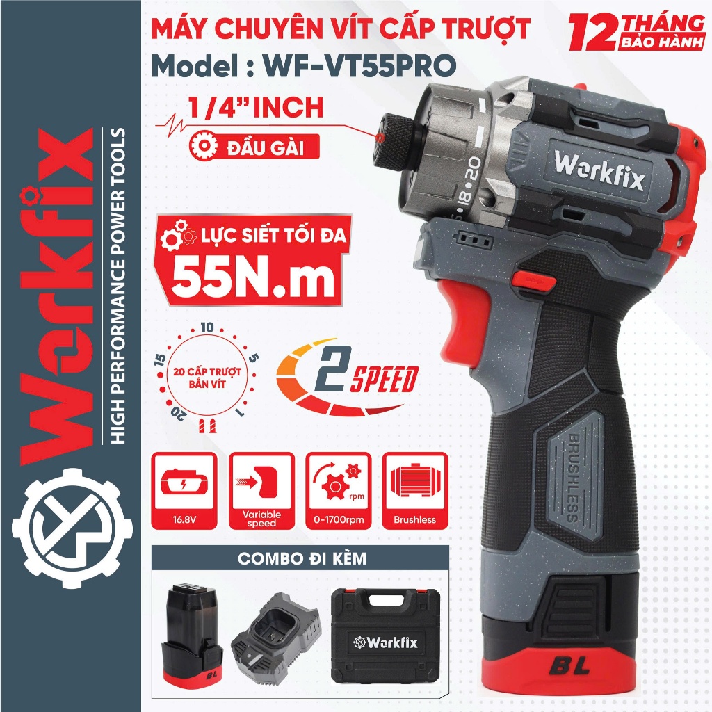 [MỚI VỀ] Máy Chuyên Vít WORKFIX WF-SD55PRO, Đầu Gài 1/4 inch  Lực 55N, 20 Cấp Trượt, Ngậm Vít Nhanh