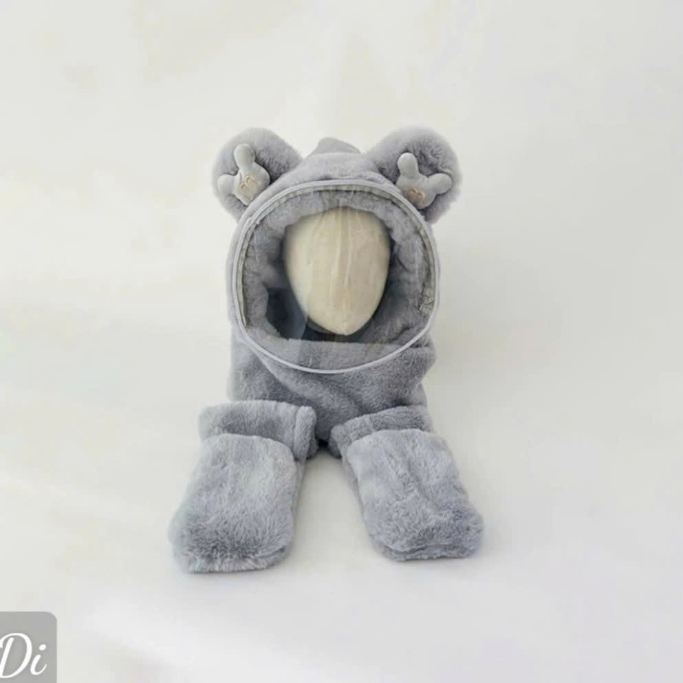 Mũ Len 3in1 Lông Trùm Đầu Có Kính Chắn Gió Kèm Khăn Quàng Cổ Và Xỏ Tay Cho Bé🍀FREESHIP🍀Nón Len Lông Cừu Có Bao Tay