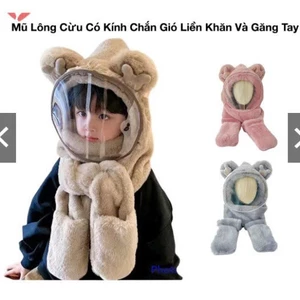Mũ Len 3in1 Lông Trùm Đầu Có Kính Chắn Gió Kèm Khăn Quàng Cổ Và Xỏ Tay Cho Bé🍀FREESHIP🍀Nón Len Lông Cừu Có Bao Tay