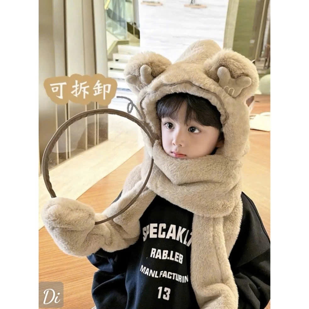 Mũ Len 3in1 Lông Trùm Đầu Có Kính Chắn Gió Kèm Khăn Quàng Cổ Và Xỏ Tay Cho Bé🍀FREESHIP🍀Nón Len Lông Cừu Có Bao Tay