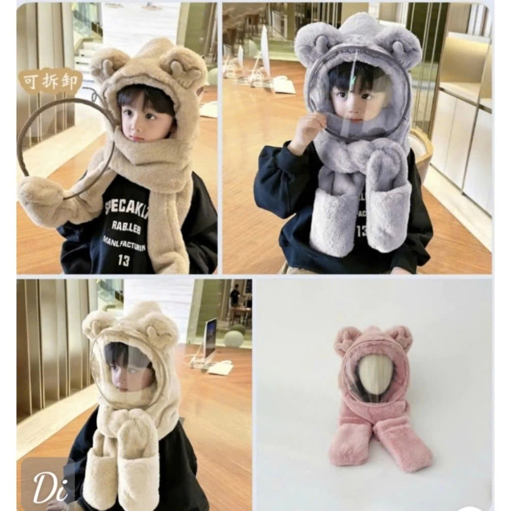 Mũ Len 3in1 Lông Trùm Đầu Có Kính Chắn Gió Kèm Khăn Quàng Cổ Và Xỏ Tay Cho Bé🍀FREESHIP🍀Nón Len Lông Cừu Có Bao Tay