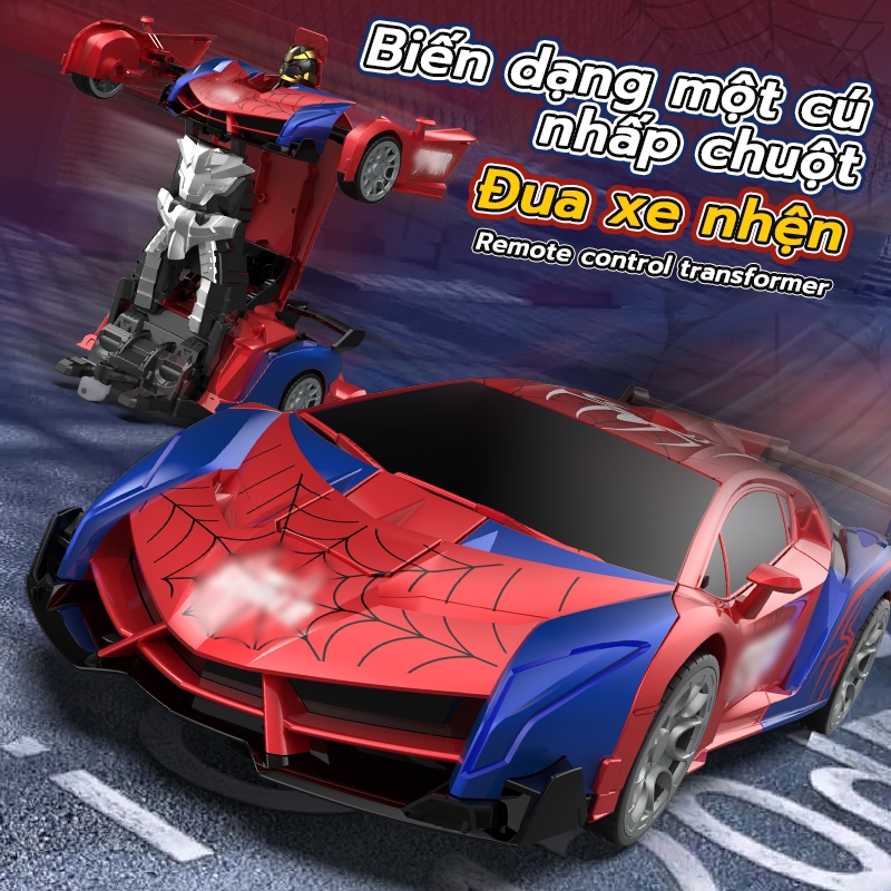 Xe ô tô điều khiển từ xa Spider-Man biến hình Robot, có đèn xoay 360, XE RC ĐIỀU KHIỂN 2.4G SIÊU MẠNH,  độ sử dụng pin