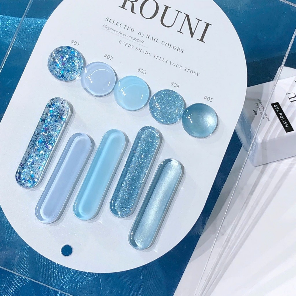 ROUni Set Sơn gel 5 màu xanh lam xanh biển nhũ mẫu nail mới 2026 kết hợp màu xanh tôn da nhũ hạt to nhũ bắt sáng mắt mèo