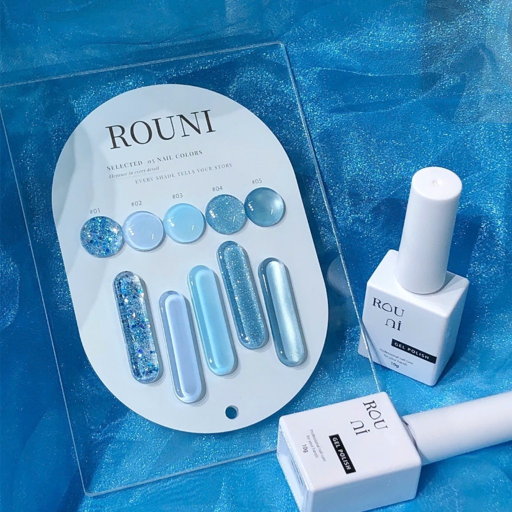ROUni Set Sơn gel 5 màu xanh lam xanh biển nhũ mẫu nail mới 2026 kết hợp màu xanh tôn da nhũ hạt to nhũ bắt sáng mắt mèo