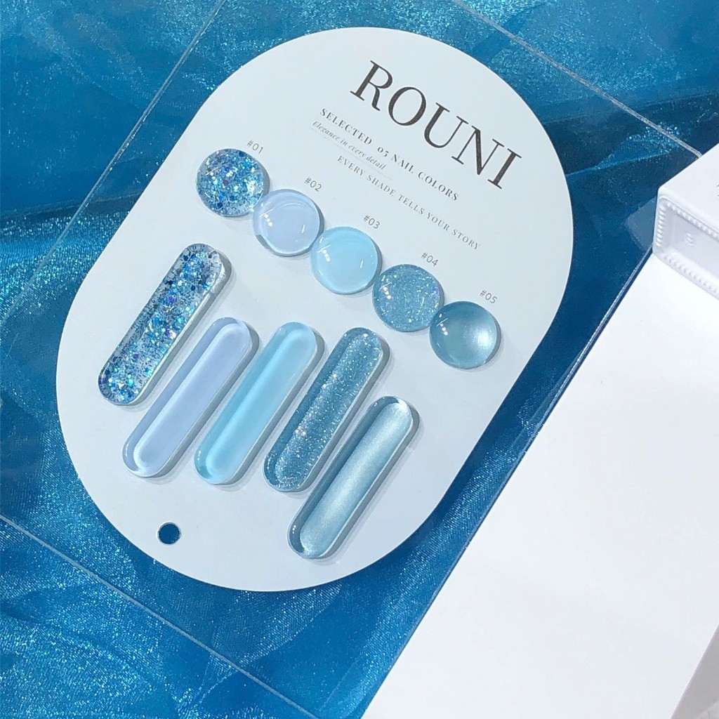 ROUni Set Sơn gel 5 màu xanh lam xanh biển nhũ mẫu nail mới 2026 kết hợp màu xanh tôn da nhũ hạt to nhũ bắt sáng mắt mèo