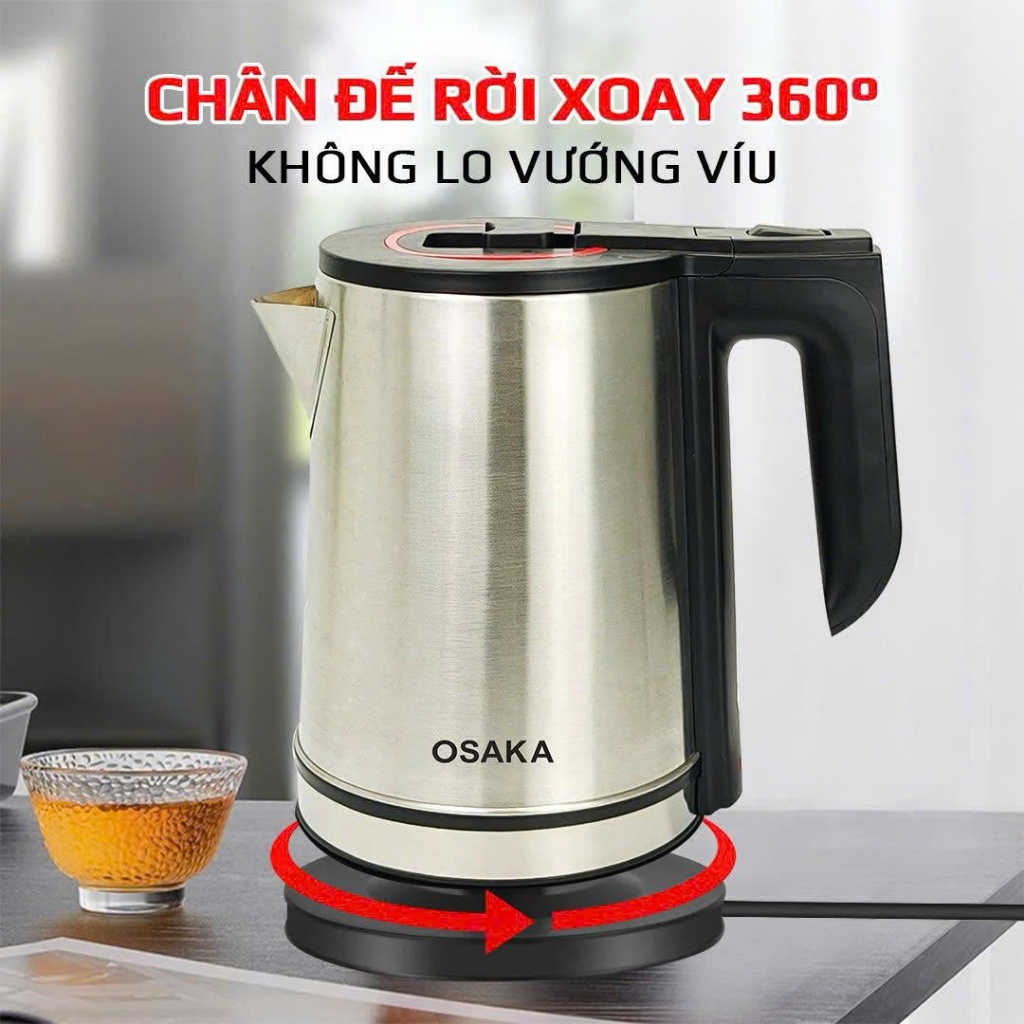 Ấm Đun Nước Siêu Tốc OSAKA KT-1820 Inox Mờ 304 – Dung Tích 1.8L, Công Suất 1500W, Lòng Inox 304