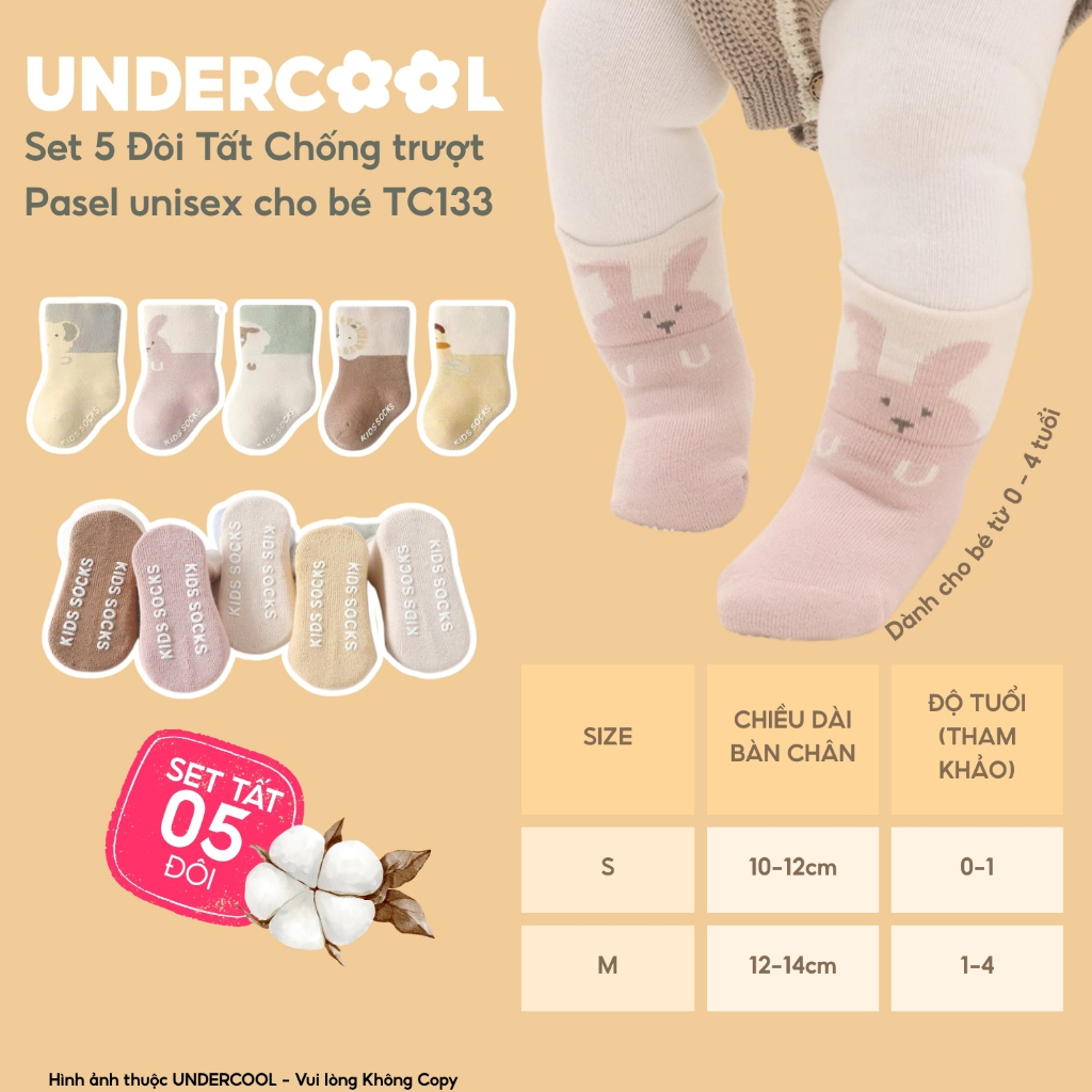 Set 5 Đôi Tất Vớ Trẻ em Chống Trượt UNDERCOOL Mầu Pasel Sạch sẽ Unisex cho Bé 0-4 Tuổi, Họa Tiết Ngộ Nghĩnh TC133