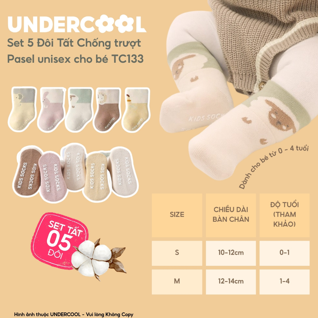 Set 5 Đôi Tất Vớ Trẻ em Chống Trượt UNDERCOOL Mầu Pasel Sạch sẽ Unisex cho Bé 0-4 Tuổi, Họa Tiết Ngộ Nghĩnh TC133