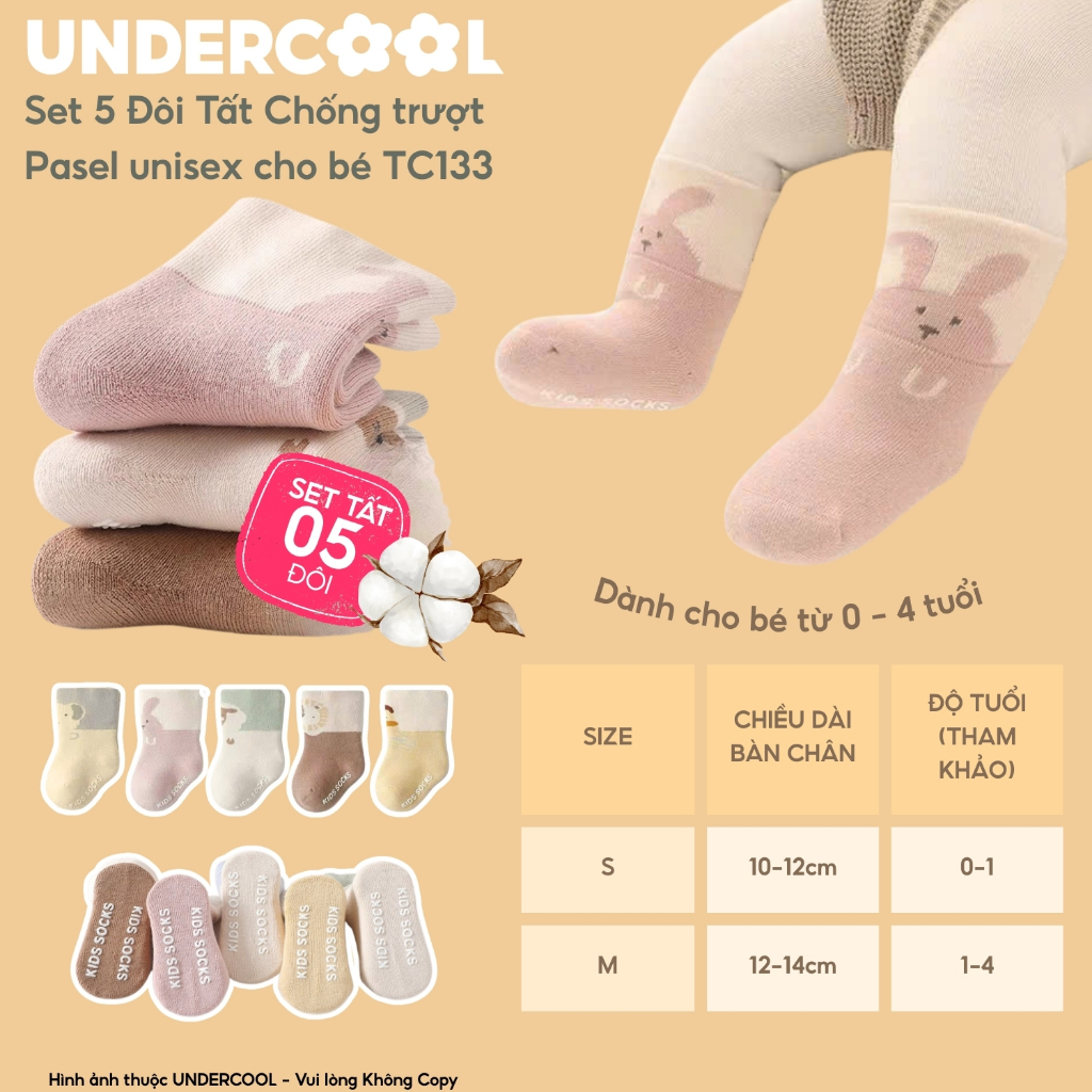 Set 5 Đôi Tất Vớ Trẻ em Chống Trượt UNDERCOOL Mầu Pasel Sạch sẽ Unisex cho Bé 0-4 Tuổi, Họa Tiết Ngộ Nghĩnh TC133