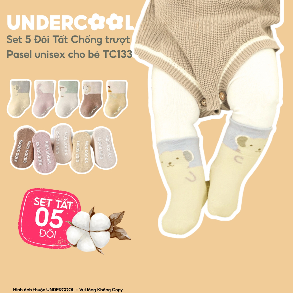 Set 5 Đôi Tất Vớ Trẻ em Chống Trượt UNDERCOOL Mầu Pasel Sạch sẽ Unisex cho Bé 0-4 Tuổi, Họa Tiết Ngộ Nghĩnh TC133