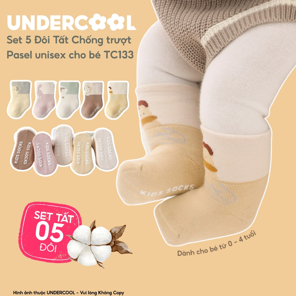 Set 5 Đôi Tất Vớ Trẻ em Chống Trượt UNDERCOOL Mầu Pasel Sạch sẽ Unisex cho Bé 0-4 Tuổi, Họa Tiết Ngộ Nghĩnh TC133