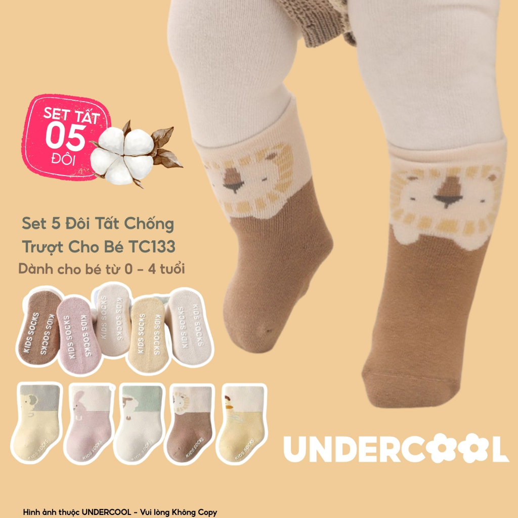 Set 5 Đôi Tất Vớ Trẻ em Chống Trượt UNDERCOOL Mầu Pasel Sạch sẽ Unisex cho Bé 0-4 Tuổi, Họa Tiết Ngộ Nghĩnh TC133