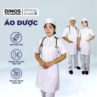 Áo Blouse Trắng Cầu Vai Xanh Dinos Tay Ngắn Thân Dài Cho Sinh Viên Thực Tập Y Khoa