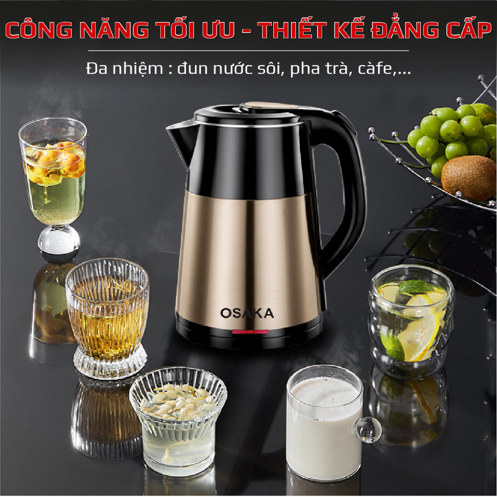 Ấm Đun Nước Siêu Tốc OSAKA KT-1822 Inox 304 – Dung Tích 1.8L, Đun Nóng Nhanh, Thân 3 Lớp Cách Nhiệt