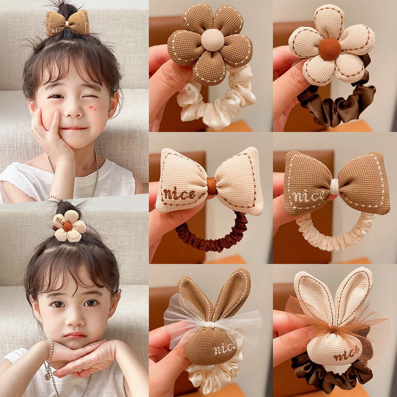 Dây Buộc Tóc Nhún Đính Thỏ,Nơ, Hoa Tông Nâu Tiểu Thư Xinh Xắn Phụ Kiện Tóc Empoli