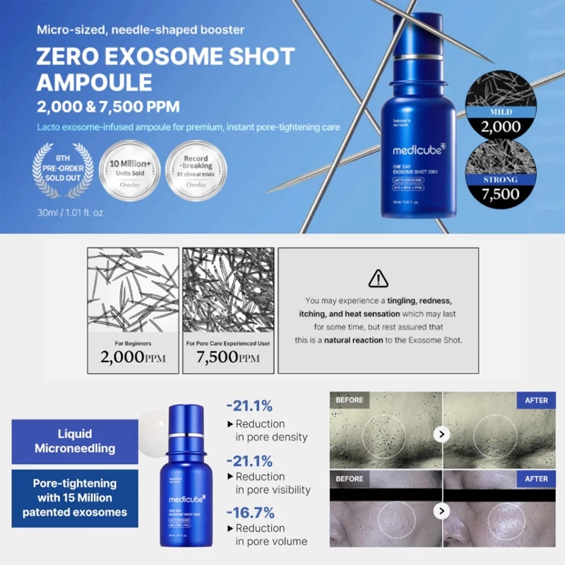 Medicube Zero Exosome Shot Serum 30ml / Zero One Day Exosome Reedle Shot Pore Ampoule 2000, 7500 PPM
