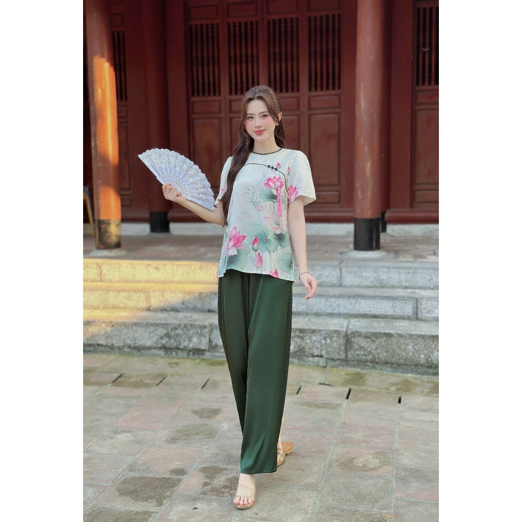 Bộ lam gấm họa tiết chất liệu gấm phối lụa latin thoáng mát không bai nhão thấm hút mồ hôi tốt s1327 3D