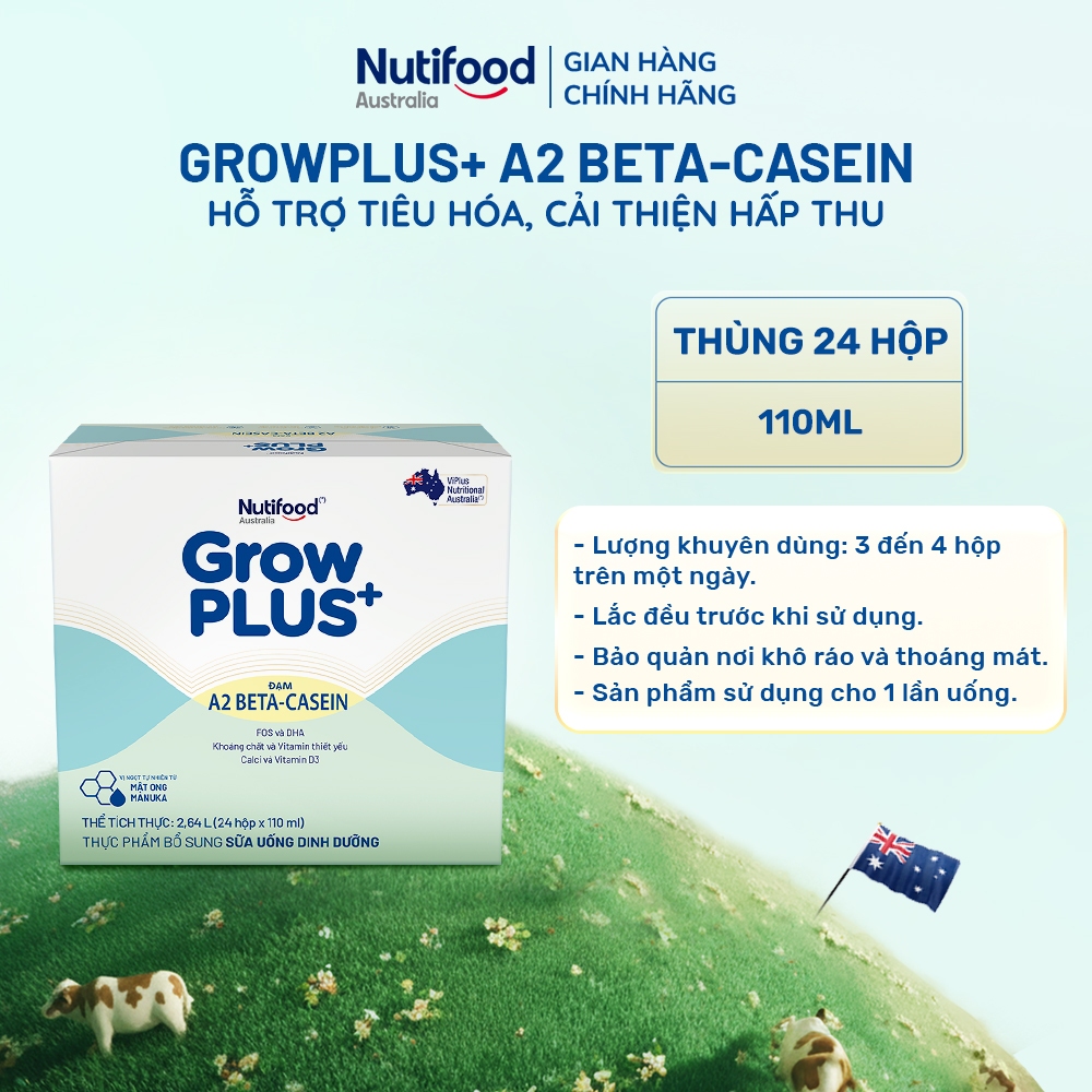 [Livestream KOL] Combo 2 x Thùng 24 hộp Sữa bột pha sẵn GrowPLUS+ Đạm A2 Beta-Casein Hộp 110ml