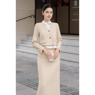 Áo Sơ Mi Nữ Cổ Bẻ Phối Gile Liền Áo, Phối Chân Váy Dáng Suông Dài LAMER O65D25Q003 O62T25Q001