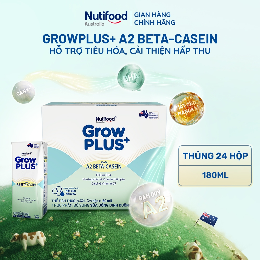 [Livestream KOL] Combo 3 x Thùng 24 hộp Sữa bột pha sẵn GrowPLUS+ Đạm A2 Beta-Casein Hộp 180ml