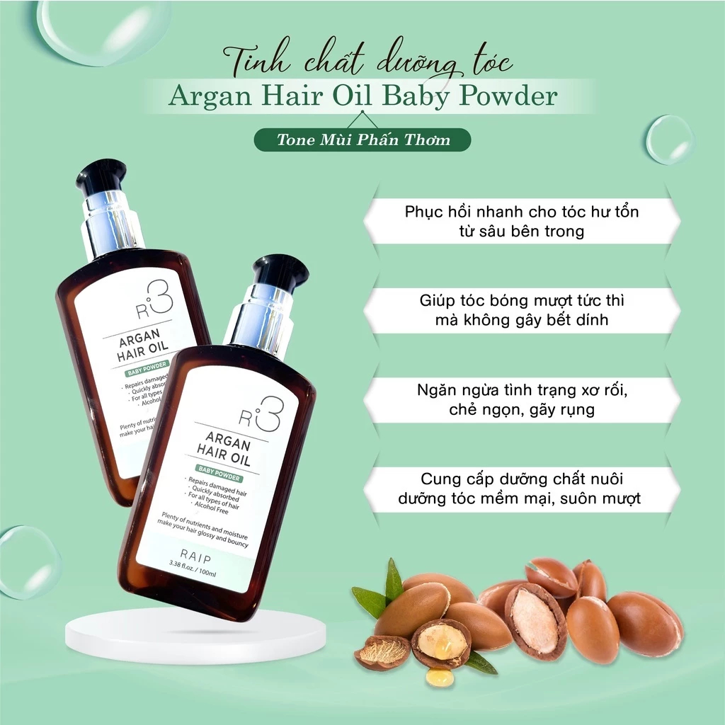 Dầu Dưỡng Tóc Argan Raip R3 Argan Hair Oil Mùi Phấn Em Bé Thơm Dịu, Giúp Tóc Óng Mượt Chai 100ML