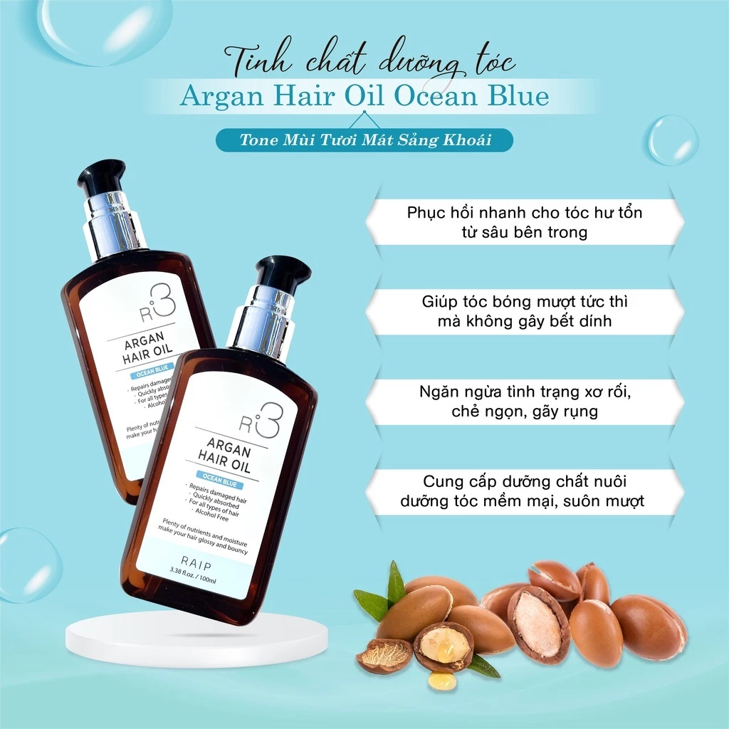 [HÀNG CHÍNH HÃNG] Tinh Dầu Dưỡng Tóc Raip  R3 Argan Ocean Blue Hair Oil 100ml Nuôi Dưỡng Từ Bên Trong Sợi Tóc Mềm Mượt
