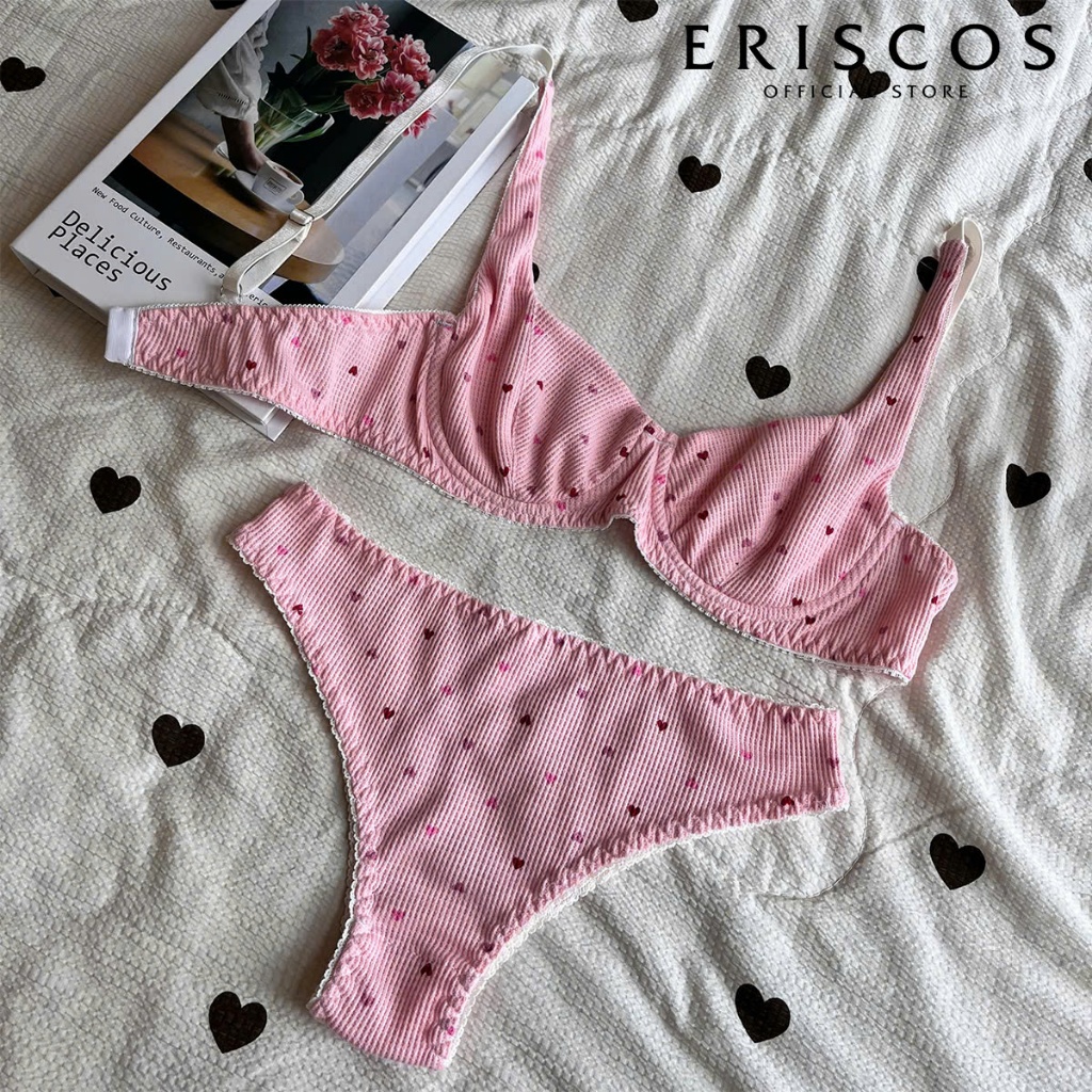 Renata - Bộ cotton hồng trái tim có gọng không mút mix viền cao giúp ôm quả tròn quả tạo khe tự nhiên Eriscos