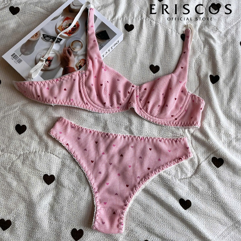 Renata - Bộ cotton hồng trái tim có gọng không mút mix viền cao giúp ôm quả tròn quả tạo khe tự nhiên Eriscos