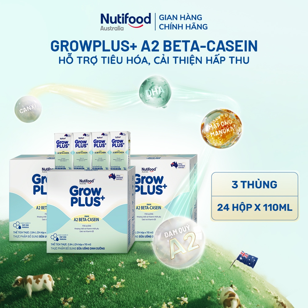 [Livestream KOL] Combo 3 x Thùng 24 hộp Sữa bột pha sẵn GrowPLUS+ Đạm A2 Beta-Casein Hộp 110ml