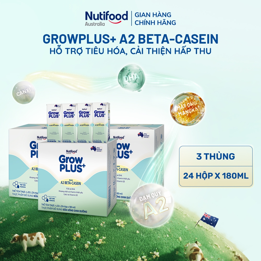 [Livestream KOL] Combo 3 x Thùng 24 hộp Sữa bột pha sẵn GrowPLUS+ Đạm A2 Beta-Casein Hộp 180ml