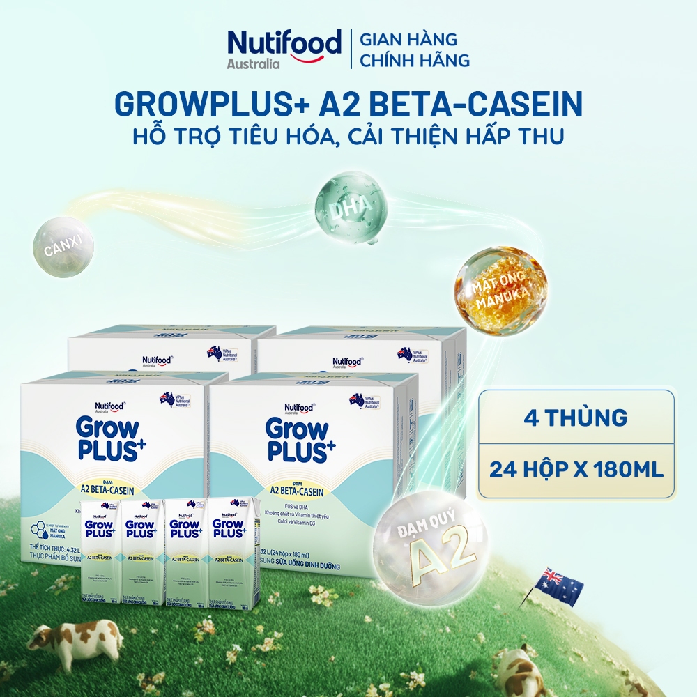 [Livestream KOL] Combo 4 x Thùng 24 hộp Sữa bột pha sẵn GrowPLUS+ Đạm A2 Beta-Casein Hộp 180ml
