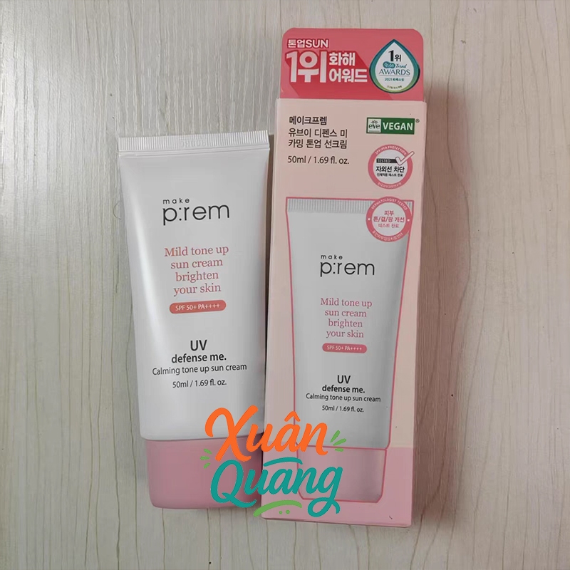 Kem chống nắng vật lý Make P:rem UV DEFENSE ME CALMING TONE UP SUN CREAM SPF50+ PA++++ 50ML / Làm sáng tông da ，Mát lạnh