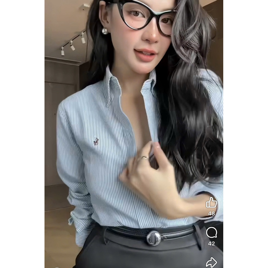 Áo sơ mi oxford nữ dáng rộng sọc xanh – trắng thoáng mát mặc đi học đi làm hàng xuất hot hit 2025