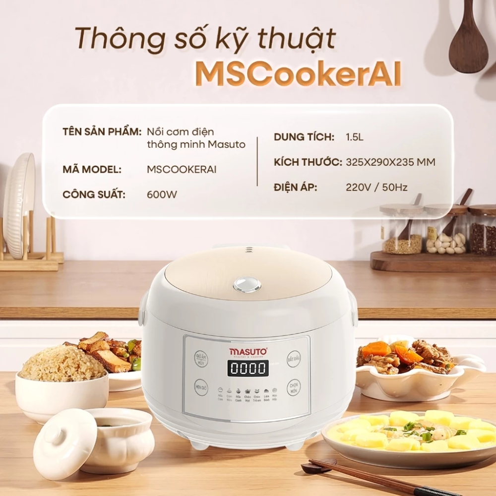 Nồi Cơm Điện Tử Masuto MSCookerAI Dung Tích 1,5Lít, Lõi Ceramic Chống Dính Cao Cấp Với 7 Chức Năng