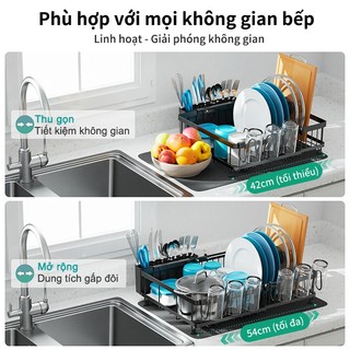 Gslife Kệ Để Bát Đĩa Một Tầng Co Giãn - Có Lót Hút Nước Chống Tràn, Tiết Kiệm Không Gian