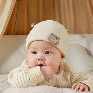 Mũ nỉ trần bông 3 lớp tai ốc sên, trần bông họa tiết đính gấu dày dặn mềm mịn giữ ấm cho bé từ 0 - 5 tháng
