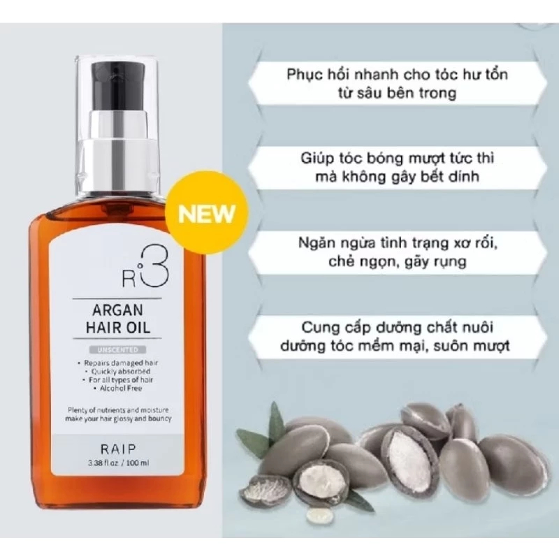 [ HÀNG CHÍNH HÃNG] Tinh Dầu Dưỡng Tóc Raip R3 Argan Hair Oil 100ml Bản Không Mùi Unscented Bóng Mượt