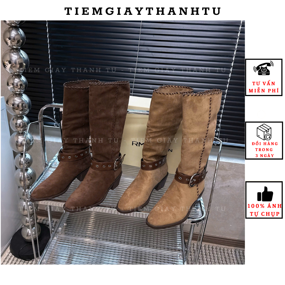 1 Bốt Nữ Cổ Cao Lửng Da Lộn Suede, Viền Mép Dây Bện Thắt Nút Phong Cách Vintage/Cao Bồi Hàng QCCC