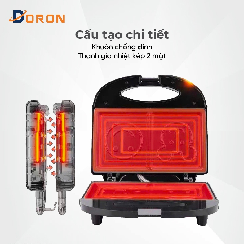 Máy kẹp bánh mì gấu, máy nướng bánh mì DORON 750W khuôn hình mặt gấu, mặt cười ngộ nghĩnh