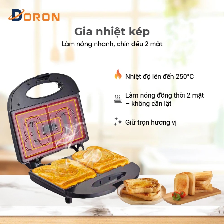 Máy kẹp bánh mì gấu, máy nướng bánh mì DORON 750W khuôn hình mặt gấu, mặt cười ngộ nghĩnh