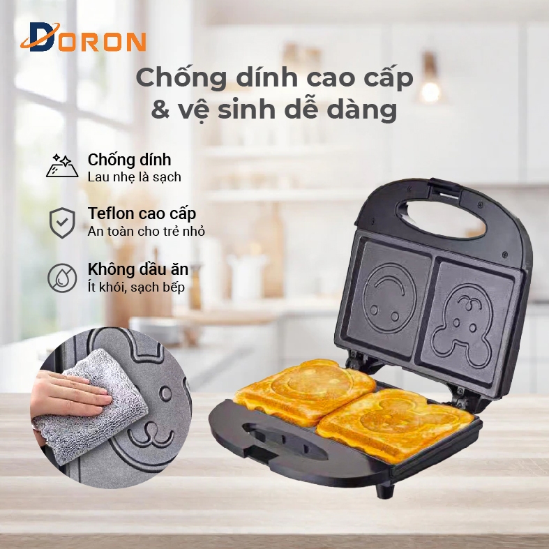 Máy kẹp bánh mì gấu, máy nướng bánh mì DORON 750W khuôn hình mặt gấu, mặt cười ngộ nghĩnh