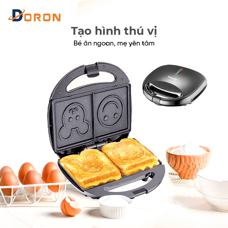 Máy kẹp bánh mì gấu, máy nướng bánh mì DORON 750W khuôn hình mặt gấu, mặt cười ngộ nghĩnh