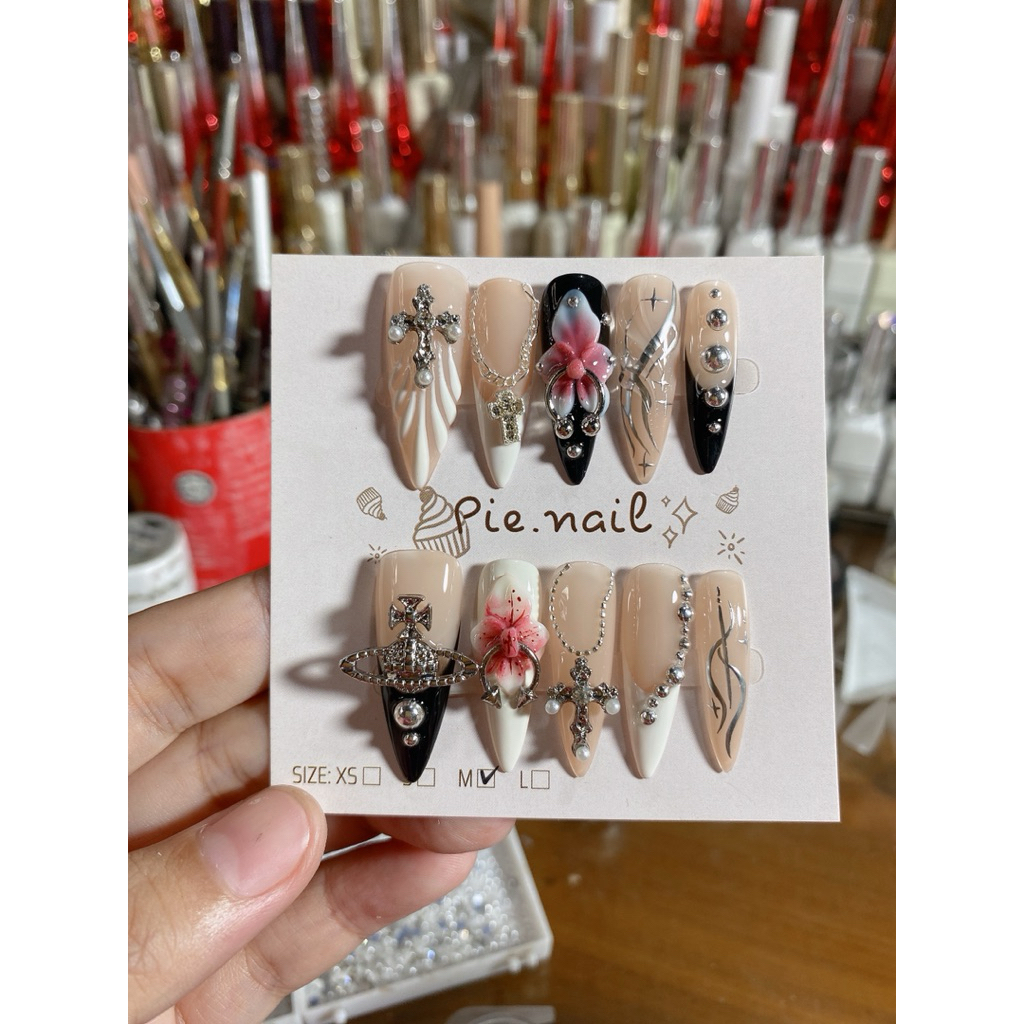 447. nailbox thạch nude, đính charm punk, style âu mỹ