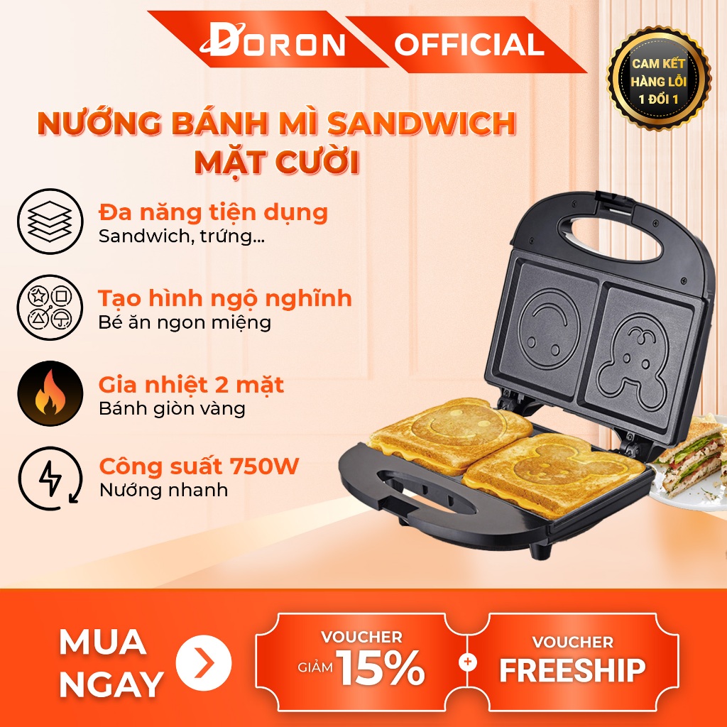 Máy nướng bánh mì DORON 750W hình ngộ nghĩnh, chín đều 2 mặt khuôn