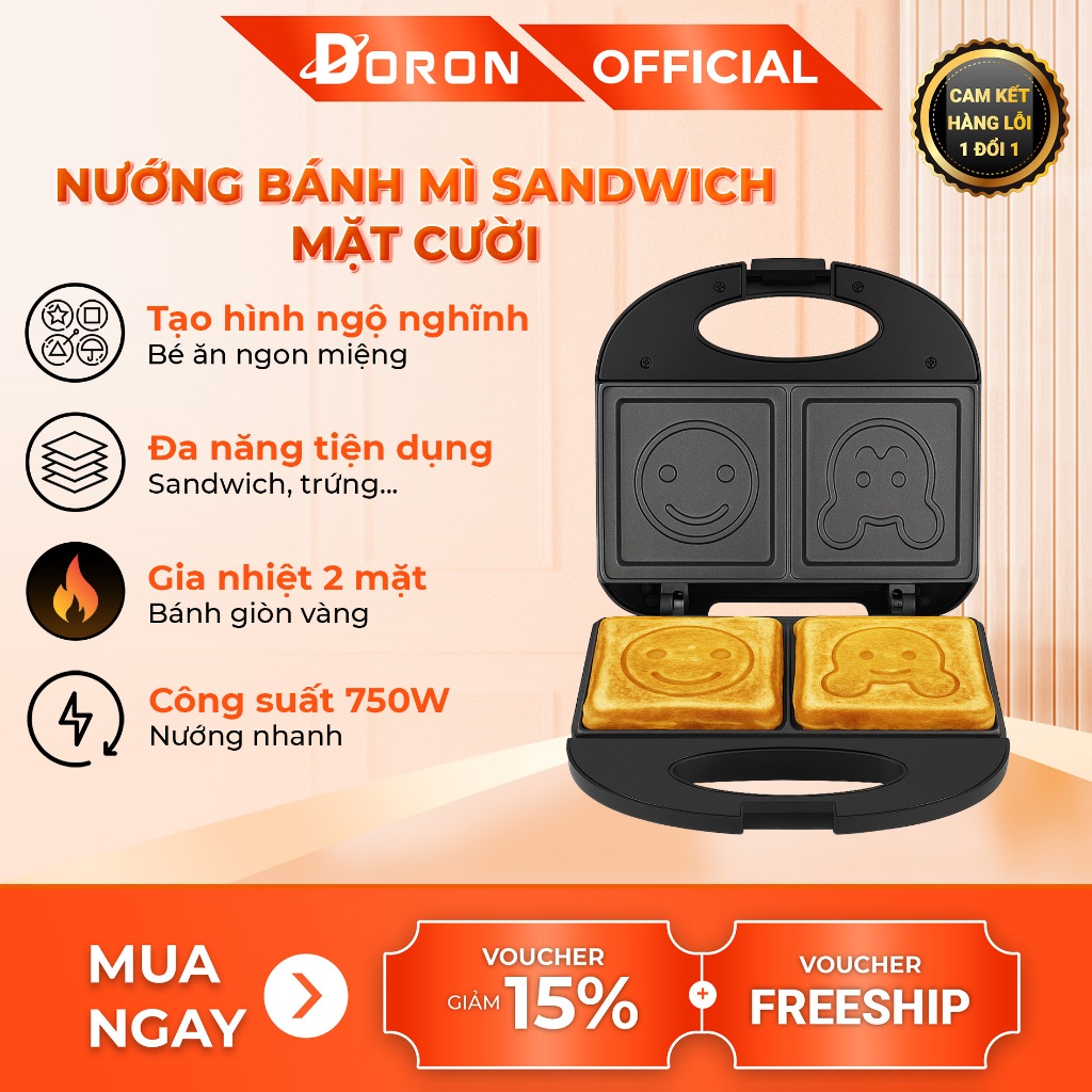 Máy nướng bánh mì sandwich DORON 750W hình ngộ nghĩnh, chín đều 2 mặt khuôn