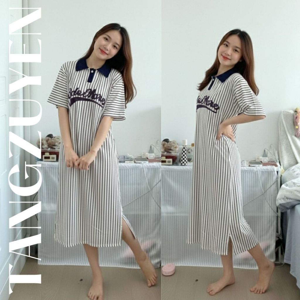 Đầm cổ bẻ Váy polo suông dài form rộng kẻ sọc phối chữ xanh than cộc tay  maxi bigsize bầu chubby chữ sau lưng T1349G